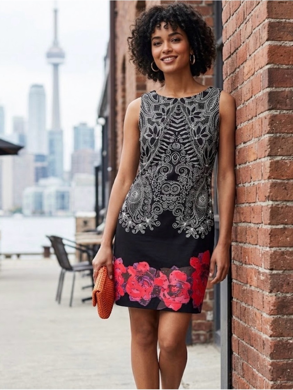 Desigual Black & White Paisley Sheath Dress - Red Floral Sequin Hem